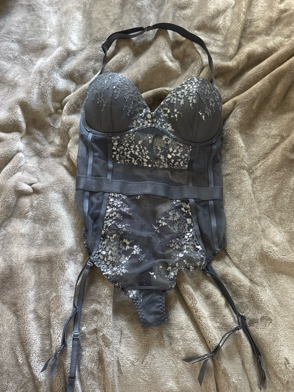 Victoria's Secret Charcoal Gray Lace Embroidered Bodysuit with Garter Straps